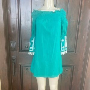 New Boston proper green embroidered kaftan dress fringe